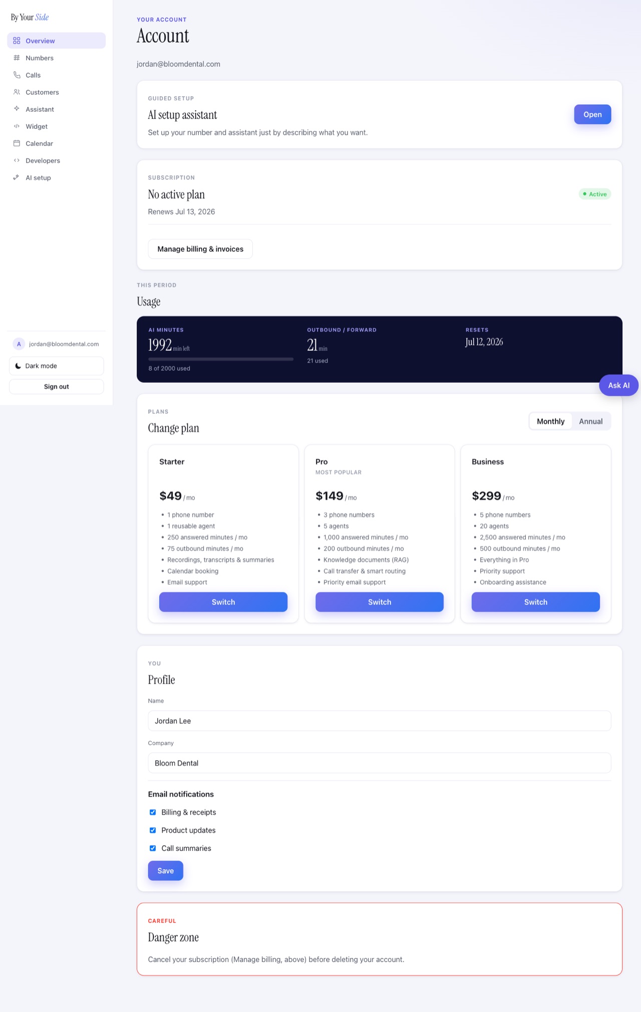 The By Your Side account dashboard Overview page