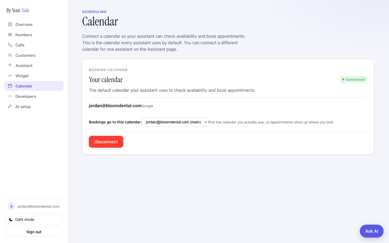 The Calendar page showing a connected booking calendar