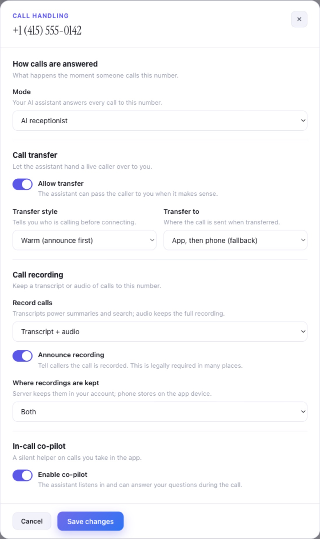 The Call handling dialog for a phone number
