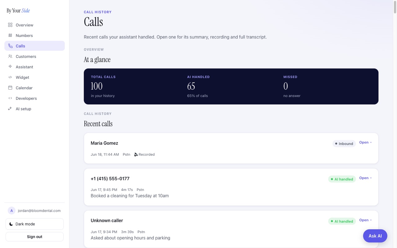 The Calls page showing the at-a-glance summary and recent calls