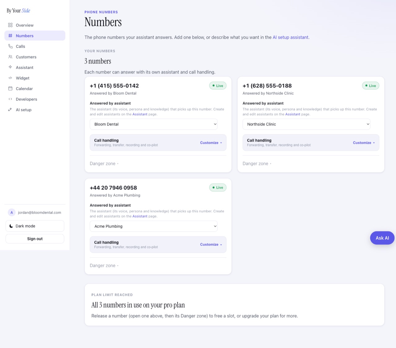 The Numbers page listing phone numbers with their assistant and call handling