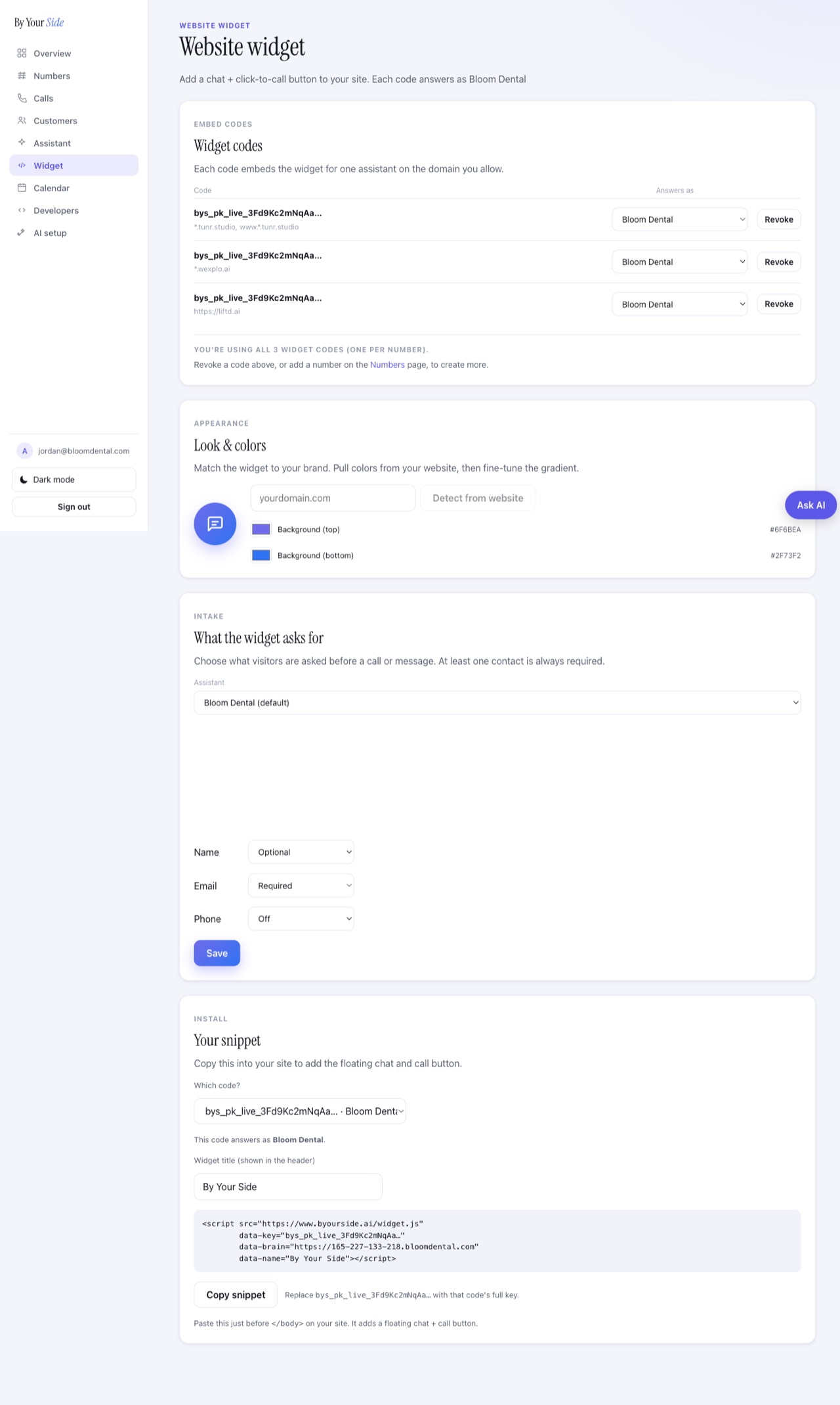 The Website widget page for creating embed codes, colors, and intake fields